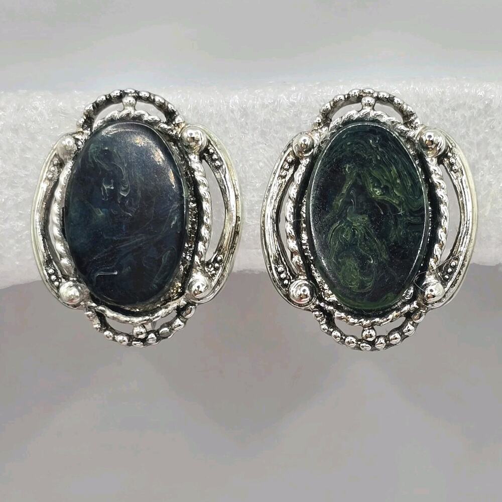 Earrings Vintage Dark Green Blue Screwback Silver Tone Signed STAR SKU 3242